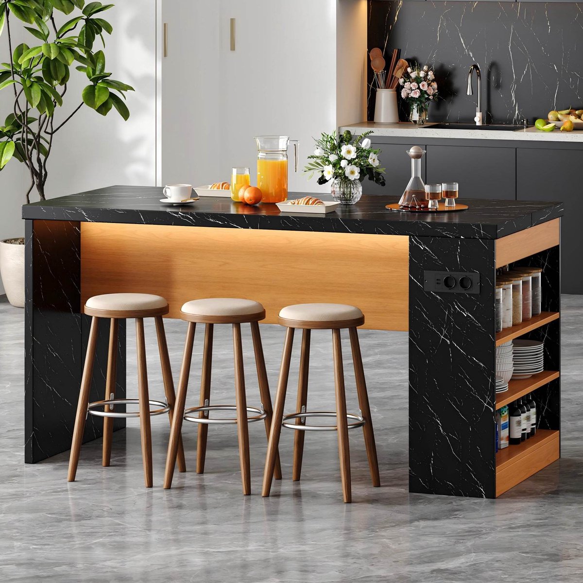 Wishdor - Bartafel - Keukeneiland met LED en stopcontact - 3 open opbergvakken - Modern - Keuken en eetkamer - Houtlook - Zwart naturel - 155x80x90 cm