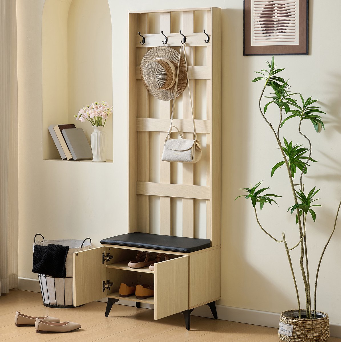 STILVORA Kledingrek - Garderobe Met Zitbank En Opbergkast, 4 Haken - Voor Hal En Entree - MDF En Metaal - 60x35x179,5 Cm - Houtkleur