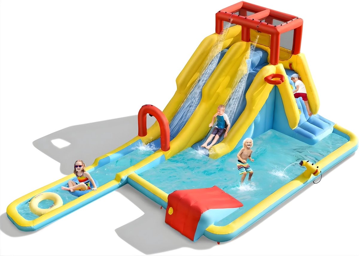 Opblaasbaar Waterpark - Met Dubbele Glijbaan en Klimwand - voor kinderen en buiten - Met Watersproeiers - Multicolor
