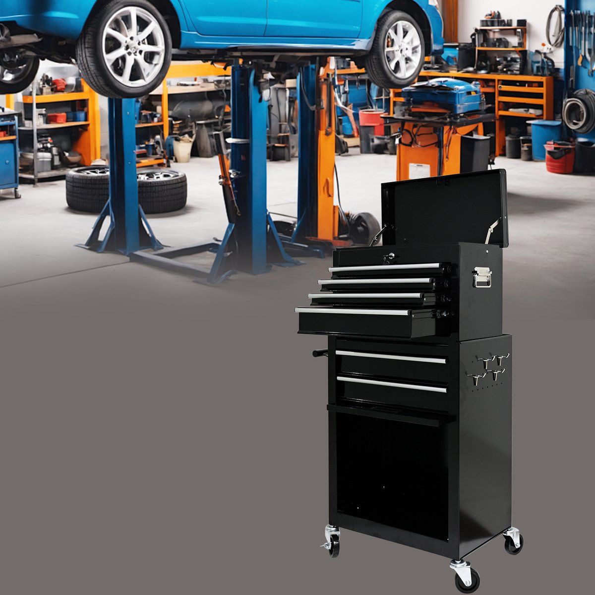 STILVORA Gereedschapskar - Met 6 Lades En Wielen - Verrijdbare Opbergkast Voor Werkplaats En Garage - Staal - 50,8x26,42x108,97 Cm - Zwart