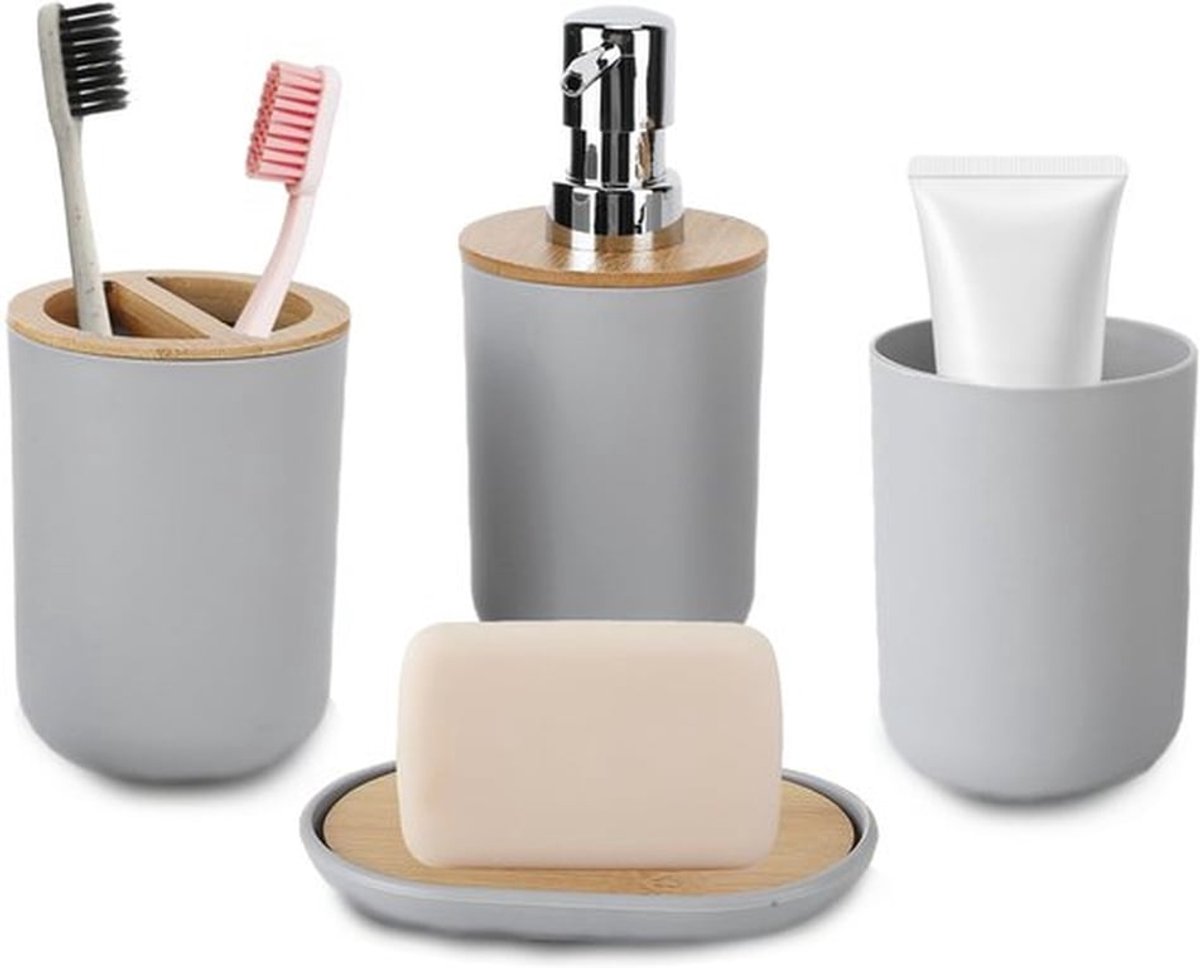Set van 4 badkameraccessoires met tandenborstelhouder, schoteltje, lotiondispenser, mondwaterbeker en complete set badaccessoires voor thuis, hotel en badkamer (grijs)