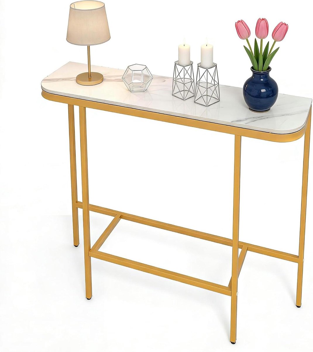 Consoletafel Marmerlook - Smal bijzettafel - Decoratie presenteren - Metalen frame - 110 x 30 x 91 cm - Wit