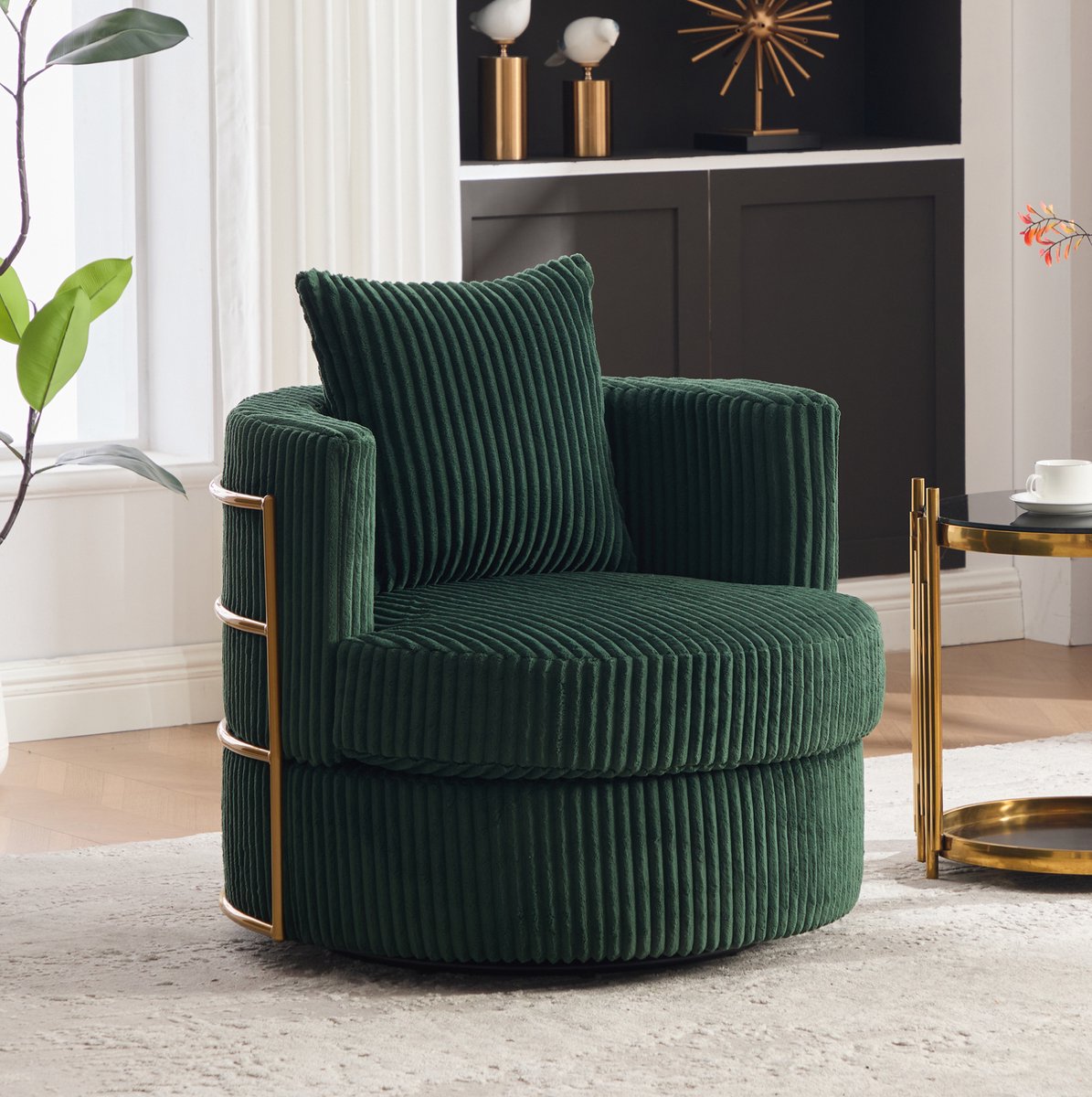 Wishdor - Fauteuil - 360 graden draaibaar - Met opbergruimte en armleuningen - Modern - Voor woonkamer of slaapkamer - Cord stof - Smaragdgroen - 76 x 79 x 78 cm
