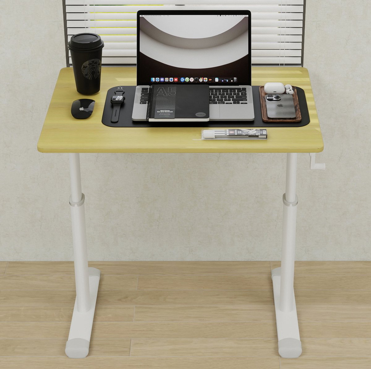 FloraGrace Bureau - Handmatig Hoogteverstelbaar Zit Sta Bureau - Compact Voor Thuiskantoor En Studie - Hout En Metaal - 80x60x60-90 Cm - Houtkleur Wit