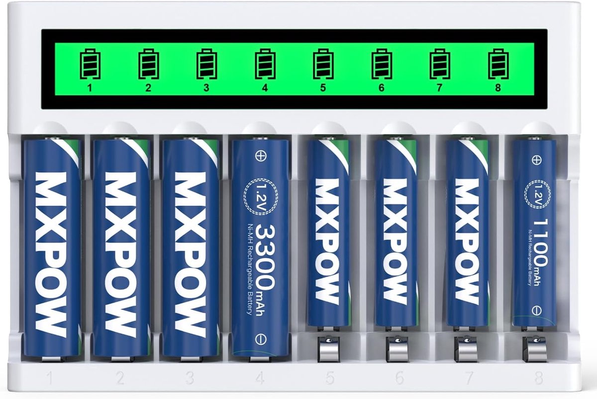 SnelShoppen - Oplaadbare Batterij Oplader met NIMH 1.2V 1100mAh AAA en 3300mAh AA Batterijen - 8 Laadstation met LCD Scherm - Voor Thuis, Camping en E