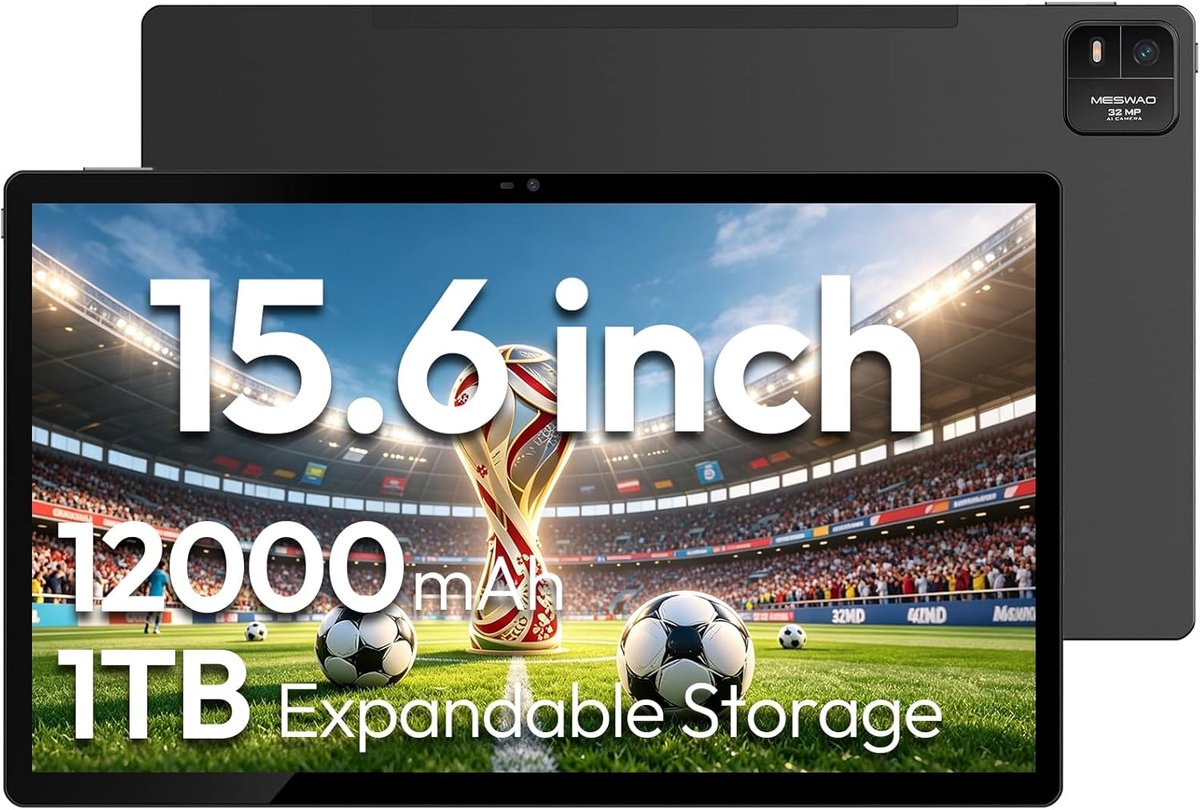 SnelShoppen - 15.6 inch Android tablet met Helio G99, 6GB RAM, 128GB ROM, FHD IPS display, 12000mAh batterij en 32MP camera - Perfect voor werk, enter