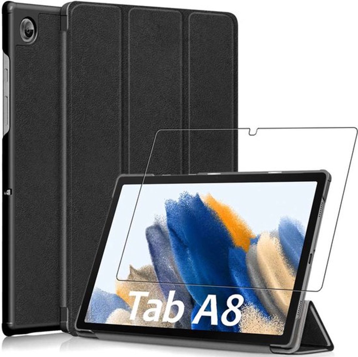 ebestStar - Hoes geschikt voor Samsung Galaxy Tab A8 10.5 (2021) SM-X200 X205, Slanke Design PU Lederen Etui, Automatische Slaap/Wake, SmartCase hoesje, Zwart + Gehard Glas