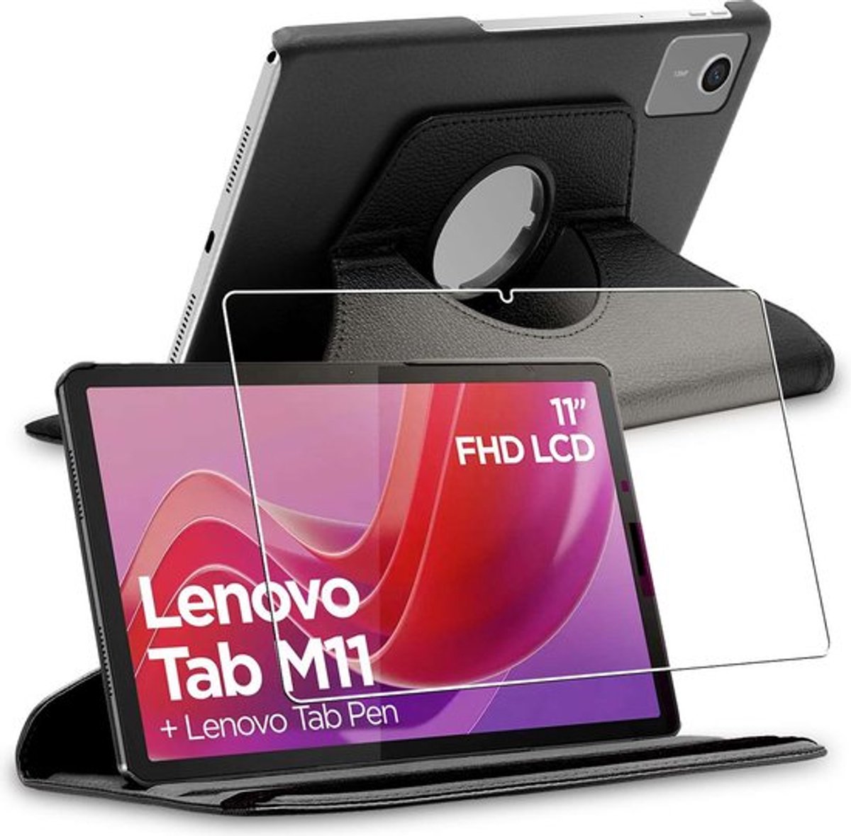 ebestStar - Hoes geschikt voor Lenovo Tab M11, Roterende Etui, Case, 360° Draaibaar hoesje, Zwart + Gehard Glas