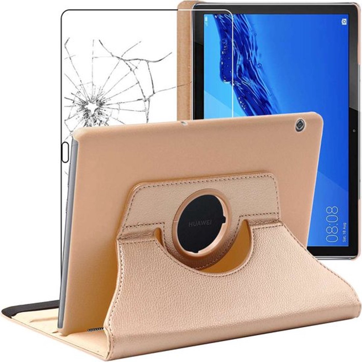 ebestStar - Hoes geschikt voor Huawei MediaPad T5 10.1, Roterende Etui, Case, 360° Draaibaar hoesje, Goud + Gehard Glas