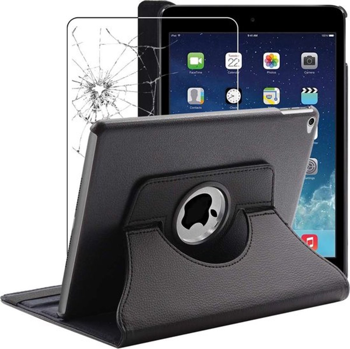 ebestStar - Hoes geschikt voor iPad Air 2, iPad 6 Apple, Roterende Etui, Case, 360° Draaibaar hoesje, Zwart + Gehard Glas