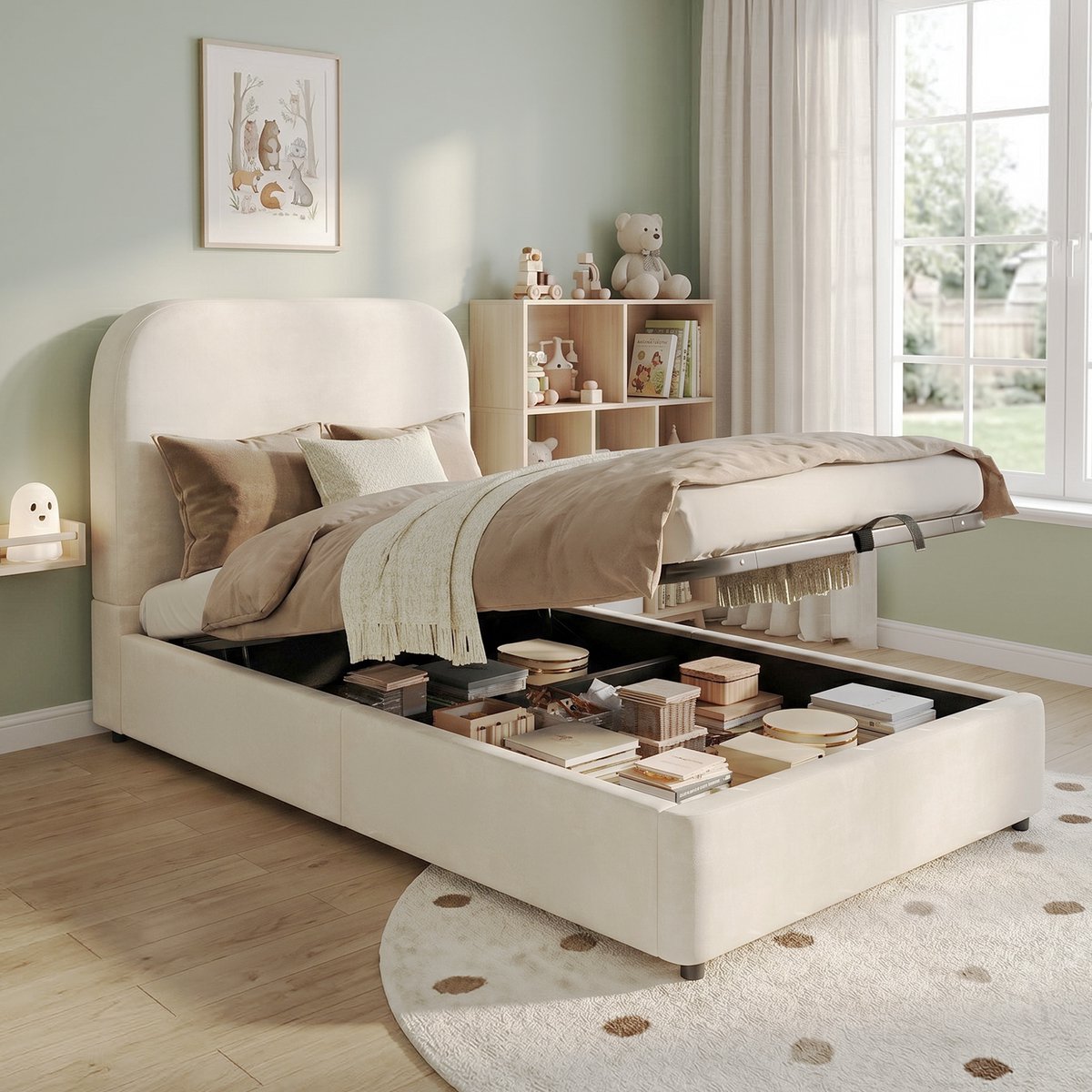 HAUSS SPOLE Kinderbed 90x190 cm - Eenpersoonsbed Met Hydraulische Opbergruimte en Lattenbodem - Zonder Matras - Fluweel - Beige