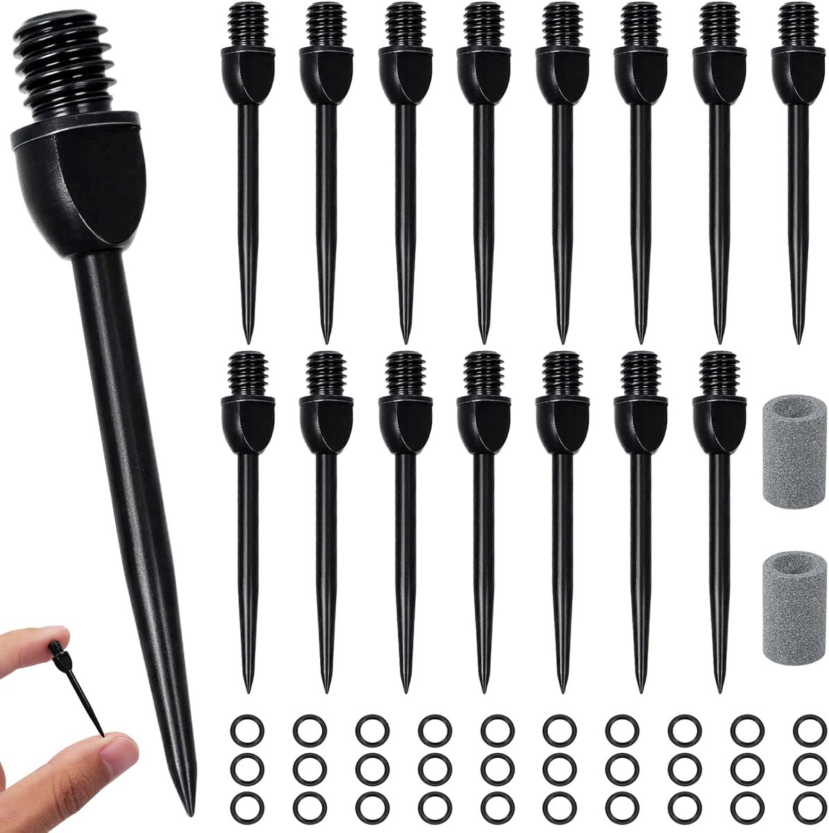 SnelShoppen - Pack van 15 Stalen Dart Tips met 30 Rubber Ringen & 2 Dart Slijpers - Duurzaam, Geschikt voor Soft Darts, Metalen Punten met 2BA Draad v
