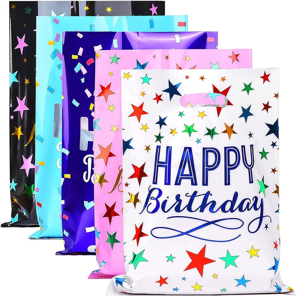 SnelShoppen - Pack van 40 Verjaardagstassen Plastic Treat Bags voor Kinderen - Handige Cadeautassen in 5 Kleurrijke Ontwerpen voor Feestjes, School en