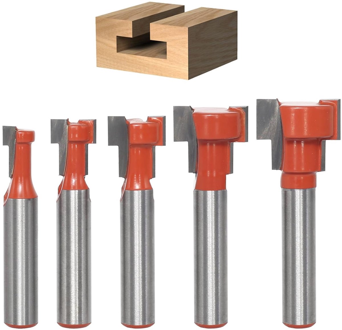 SnelShoppen - 5-delige T-Groef Cutter Set 8 mm Schacht, T-Track Houten Frees, Hoogwaardige Carbon Staal en Hardmetalen Bladen voor Router Houtbewerkin