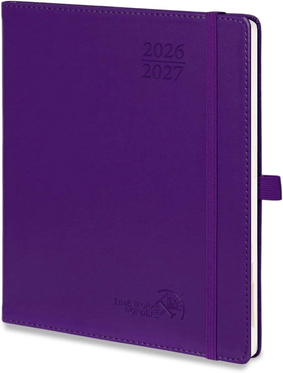 SnelShoppen - Agenda 2026-2027 A5+ - Weekplanner met 30 Minuten Klokfunctie en Maandregister, Kalenders 2026-2027, PU Leren Softcover, Paars