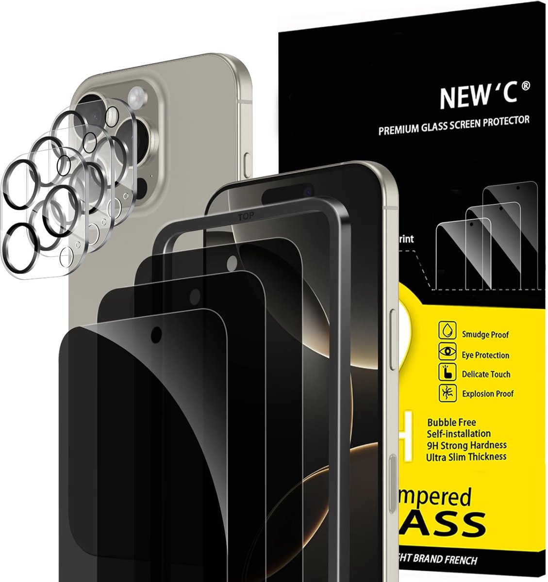 SnelShoppen - 3x Privacy Screen Protector voor iPhone 16 Pro Max (6.9 inch) - Tempered Glass - 28 Graden Privacy Hoek - Inclusief Camera Lens Protecto