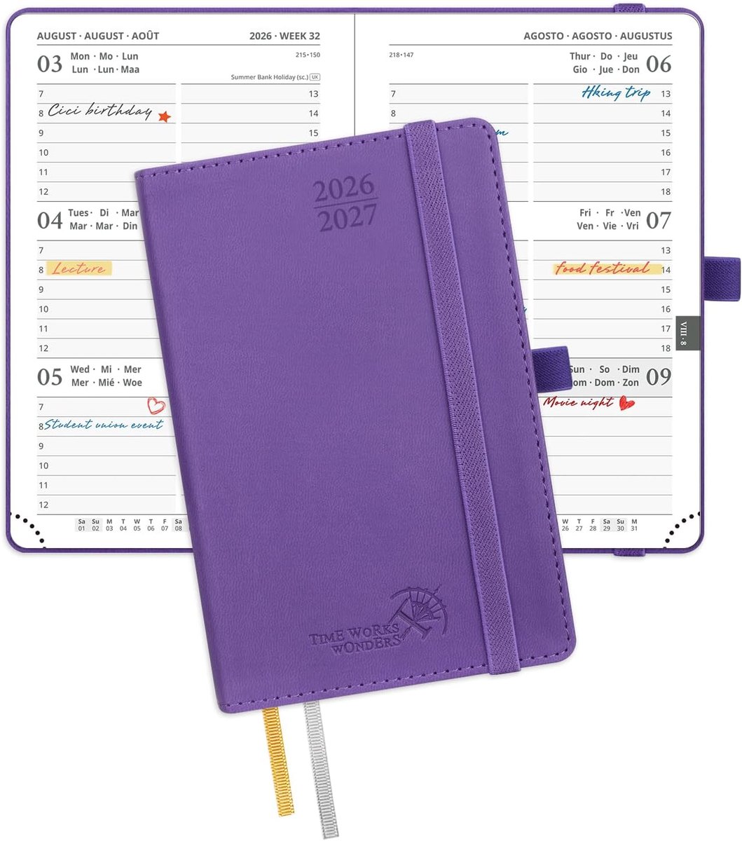 SnelShoppen - Pocket Agenda 2026-2027 - Weekplanner 16x10,5 cm - 17 Maanden - Zachte PU Leren Kaft - Paars - Perfect voor Studenten en Dagelijks Gebru
