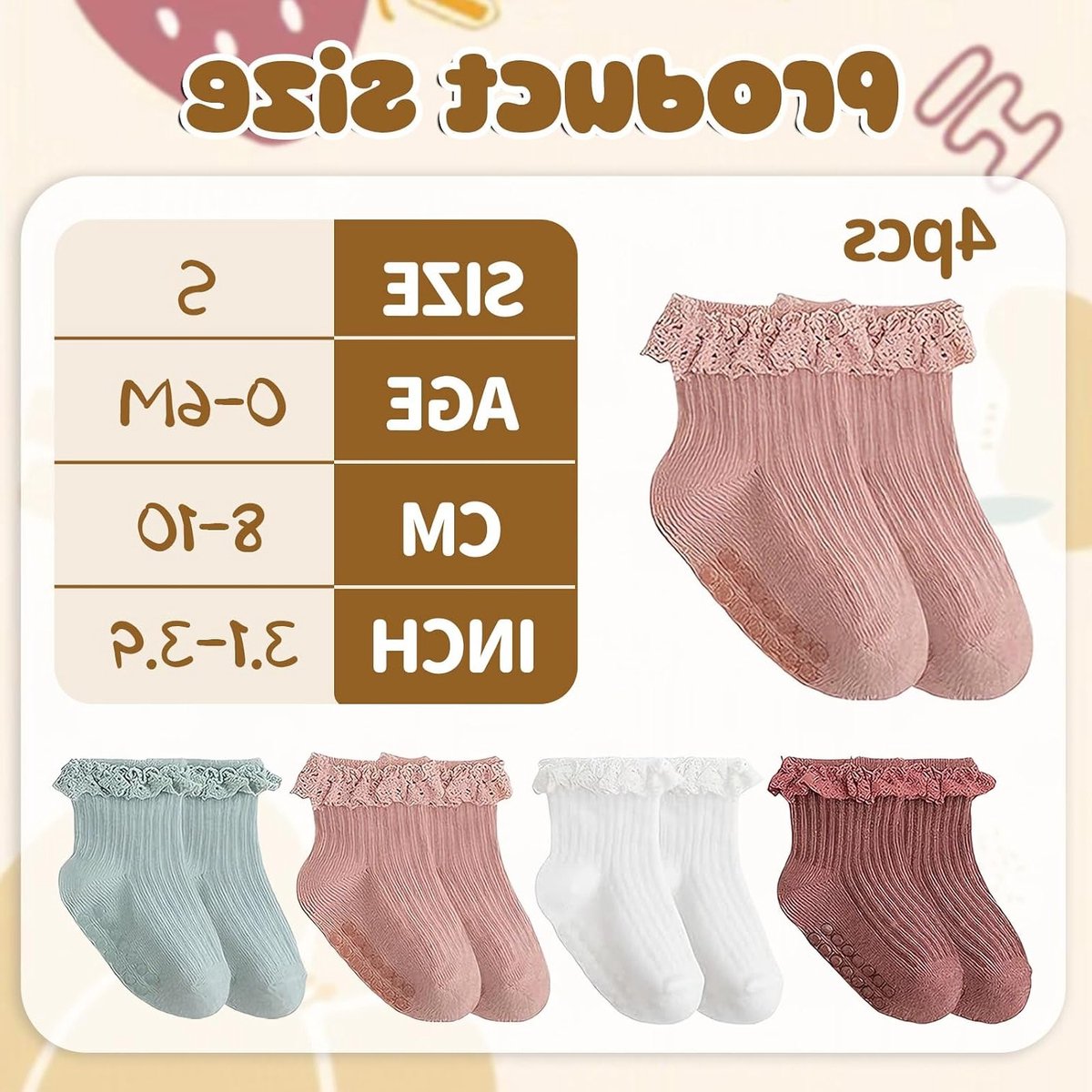 Schattige Rimpelsokken voor Baby's - Antislip Baby Sokken voor Meisjes, Perfect voor Christening en Dagelijks Gebruik, Maat S (0-6 Maanden)