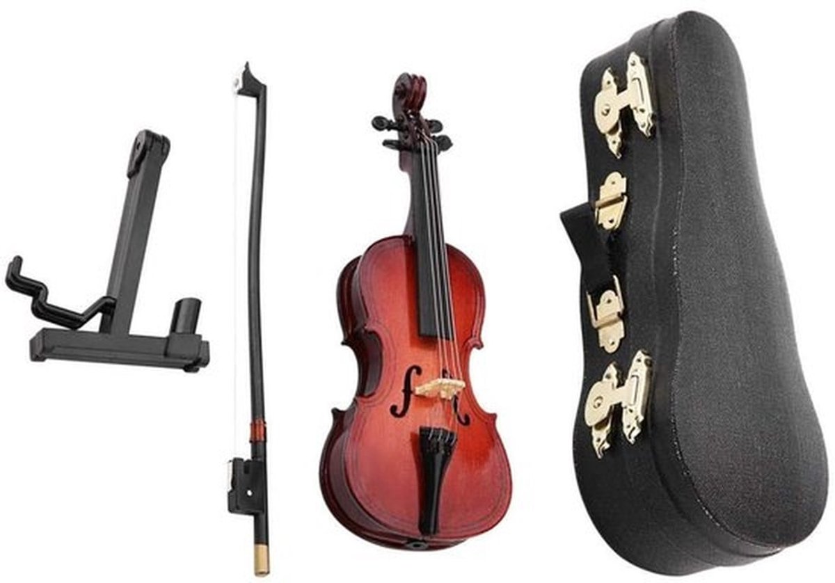 Dailygoods- Miniatuur Cello 5,5 inch - Houten Muziekinstrument - Decoratie - Zwarte Cello-hoes - Hoogwaardig Lindemateriaal - Glanzend Oppervlak