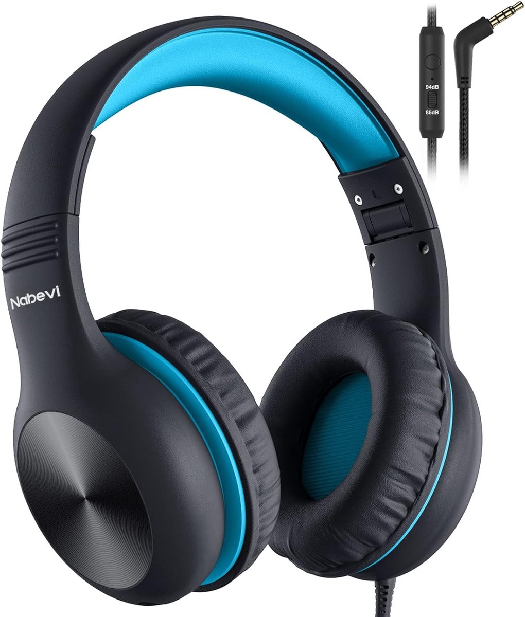 SnelShoppen - Kinder Koptelefoon met Kabel en Microfoon, 85/94dB Volumebegrenzing, HD Geluid, Opvouwbare Hoofdtelefoon voor Kinderen, Zwart Blauw, Ide