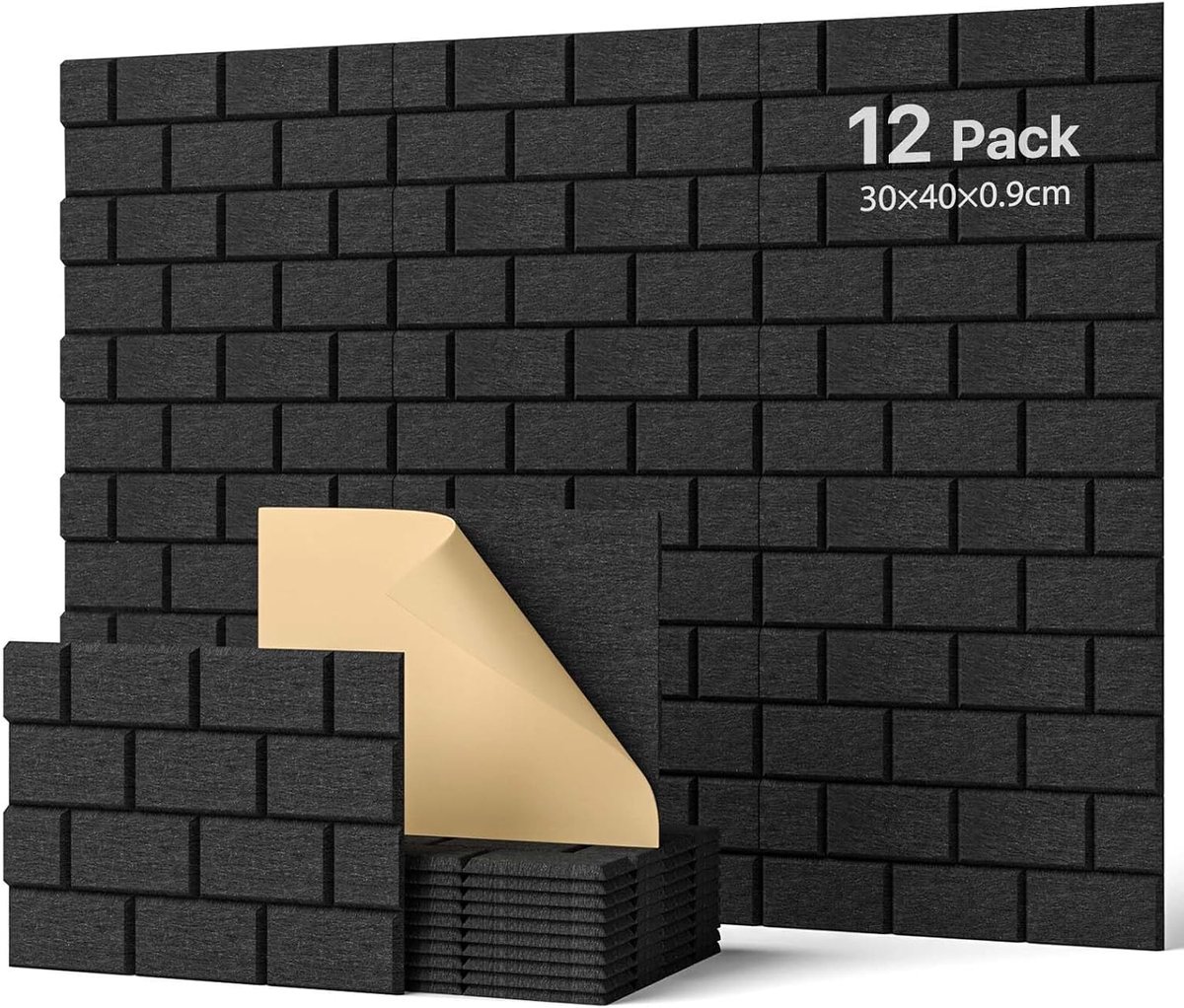 SnelShoppen - Geluidsabsorberende Paneelset 12 Stuks - Zelfklevende Akoestische Panelen voor Wanddecoratie en Geluidsisolatie - 30x40x1 cm - Zwart - I