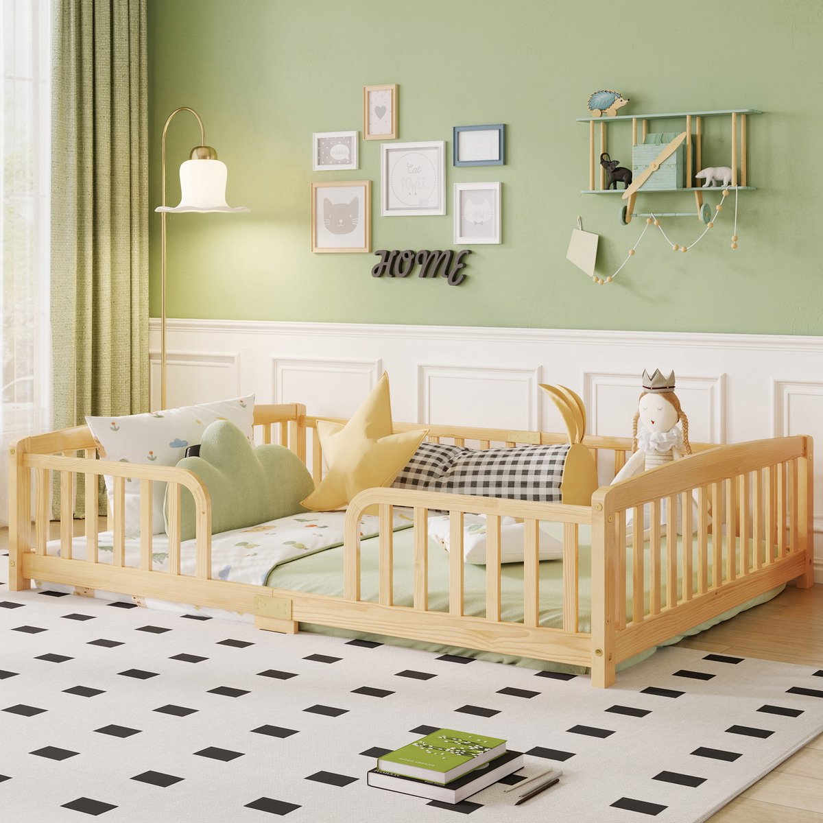 Bed 140x200 cm - Kinderbed Met Veiligheidshekken en Middelste Instap - Zonder Matras - Vloerbed van Hout - Natuur