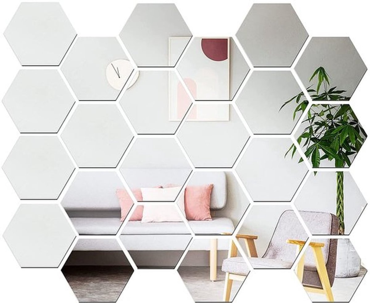 Spiegelstickers 24 Stuks - Hexagon Muurstickers - Acryl Muurdecoratie - Zilver - DIY Decoraties - 12,6 x 11 cm - Muursticker