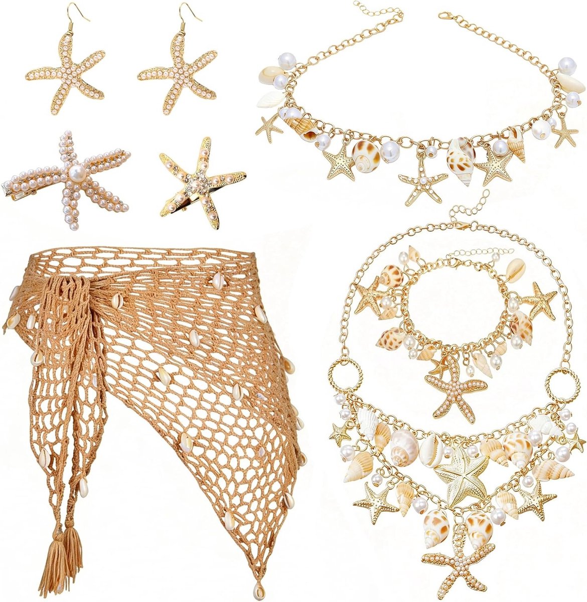 Dames Zeemeermin Kostuum met Sarong, Gehaakte Rok, Schelp Ketting, Buikketting, Armband en Oorbellen voor Carnaval en Strandfeesten