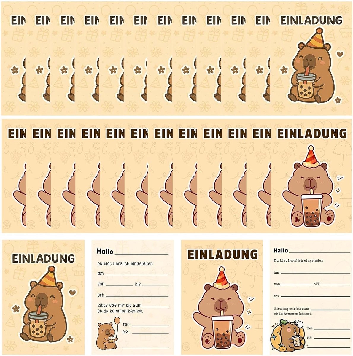 SnelShoppen - 24 Schattige Capibara Uitnodigingskaarten A6, Beige, Dik Karton, Gemakkelijk Beschrijfbaar, Perfect Voor Kinder Verjaardagsfeestjes En F