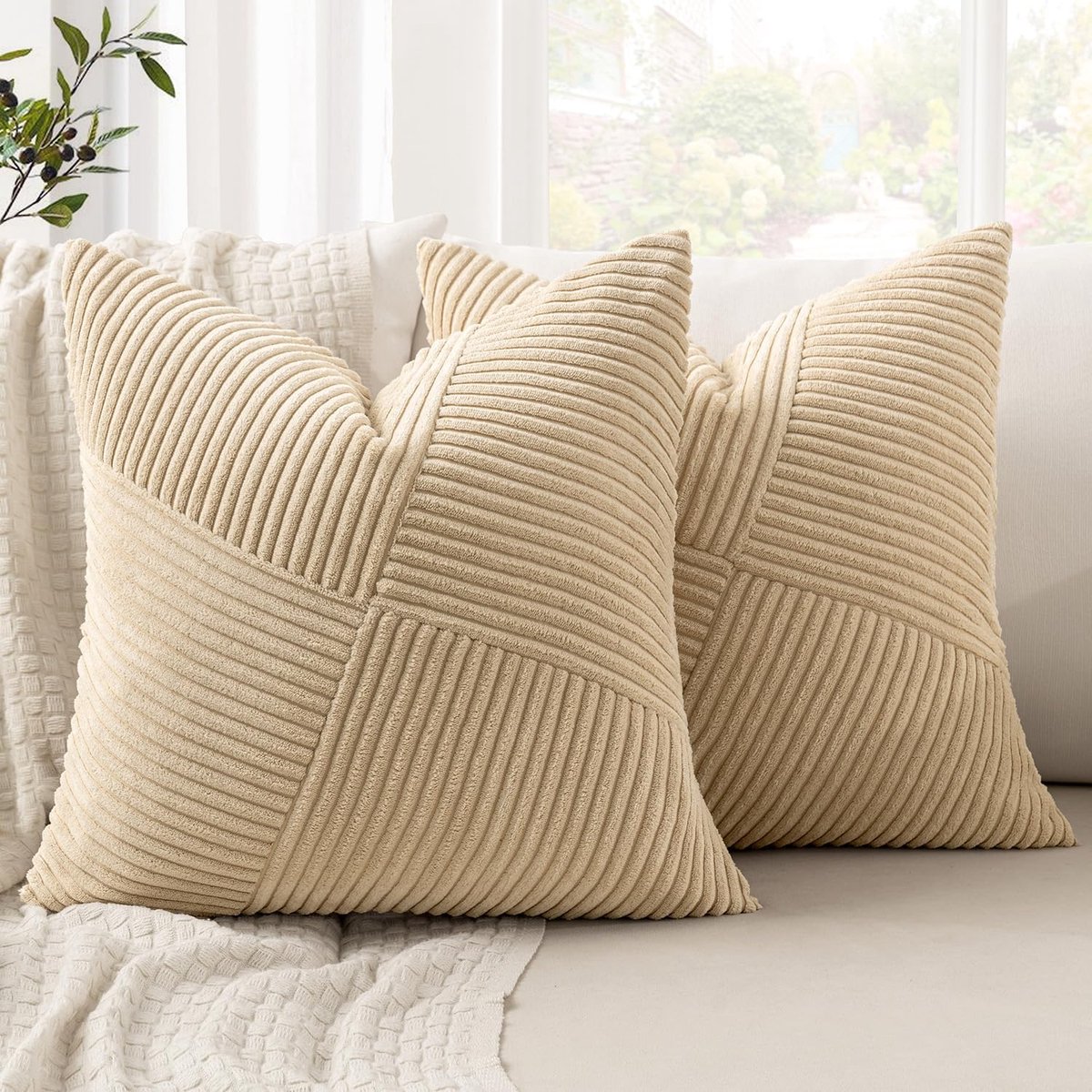 SnelShoppen - Kussensloop 40 x 40 cm Beige Corduroy Fluweel Set van 2 Sierkussenslopen met Strepenpatroon en Patchwork Design voor Woonkamer en Bank