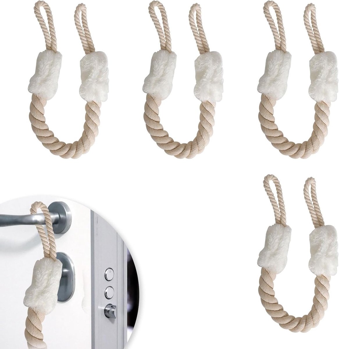 Set van 4 Deurstopper Handgrepen met Katoenen Koorden van 60 cm - Veiligheid voor Kinderen en Huisdieren, Vingerbescherming en Demping