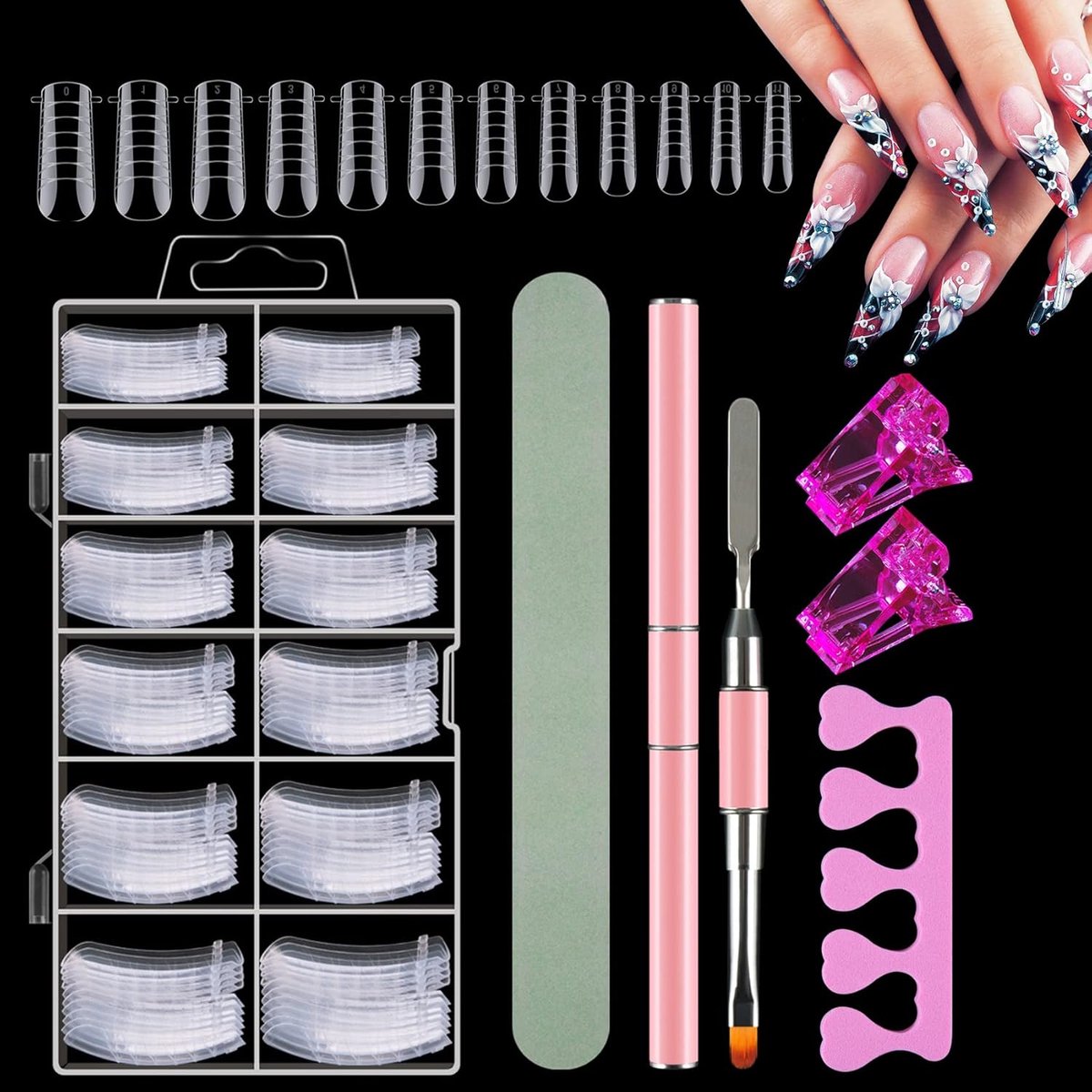 SnelShoppen - 120 Pcs Dual Nail Forms Set, Nagel Extension Stencils met Roze Dubbelzijdige Nagelborstel, Nagelpunt Clip, Vinger Spons Separator en Nag