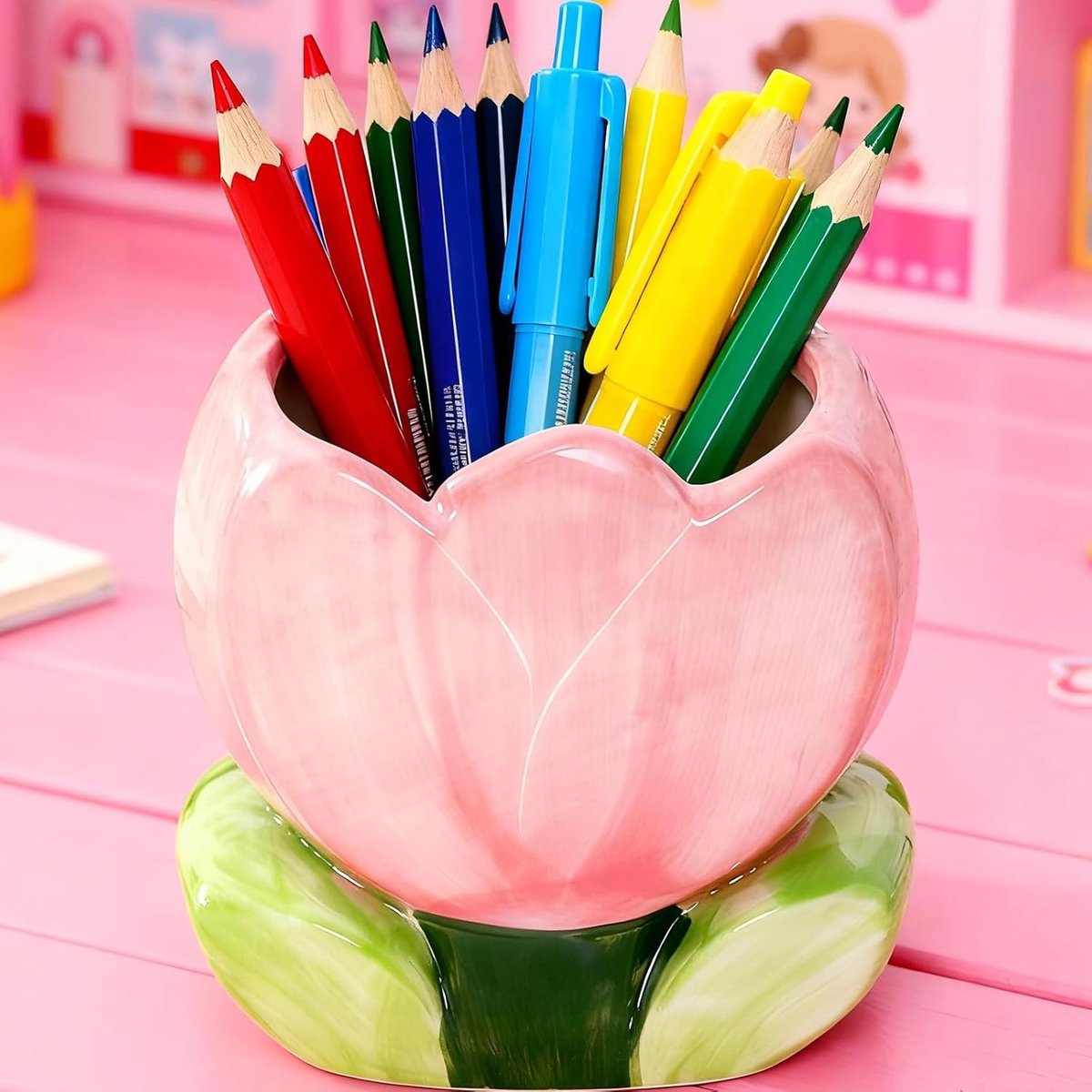 SnelShoppen - Schattige Roze Pennenhouder - Kawaii Desk Organiser met Tulpen Design - Duurzaam Keramiek - Perfect voor Meisjeskamer, Kantoor en Make-u