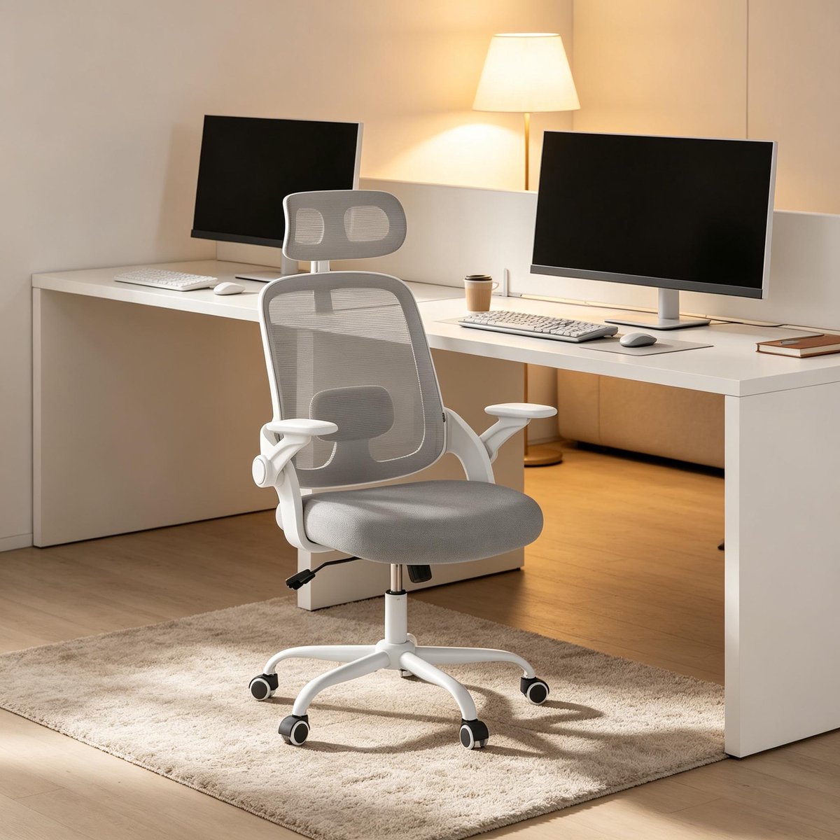 DESMIU Bureaustoel 63,5 x 47 x 117,5 cm - Ergonomisch Met Hoge Rugleuning En Hoofdsteun - Voor Kantoor En Studeerkamer - Mesh En Metaal - Lichtgrijs
