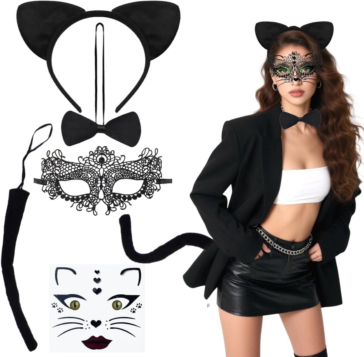 Vrouwelijke Kat Oren Haarband, 5-delige Kat Kostuum Set met Kantmasker en Staart Accessoire voor Carnaval, Verkleedfeest en Themafeesten