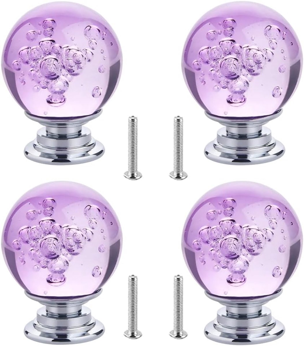 SnelShoppen - 4Pcs Kristallen Ladeknoppen, Ronde Deurgrepen, Dresser Handgrepen, Transparant Glas, Paars, Makkelijk te Monteren, 30mm x 35mm