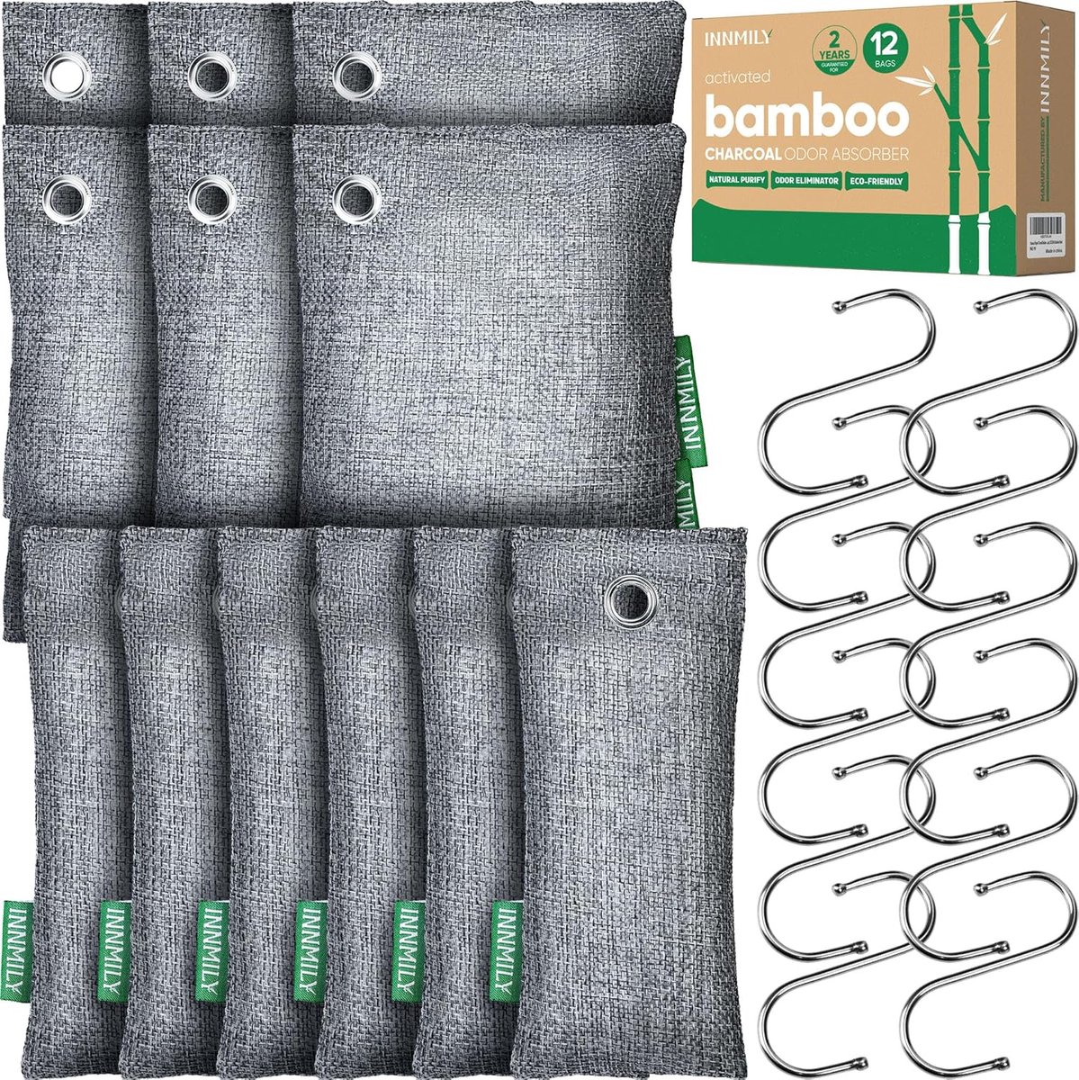 SnelShoppen - Activated Charcoal Odour Absorber - Bamboo Charcoal Luchtverfrisser - Geurverwijderaar voor Thuis, Auto, Kast - 12 Stuks, Ongeparfumeerd
