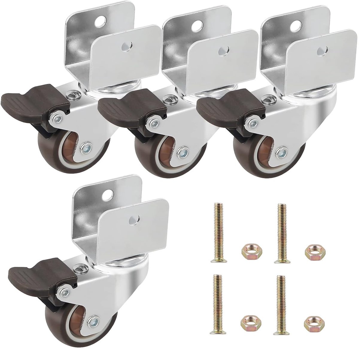 SnelShoppen - Set van 4 U-vormige meubelwielen met rem 38 mm diameter, 25 mm plaatopening, transportwielen met schroeven, totaal draagvermogen 80 kg,