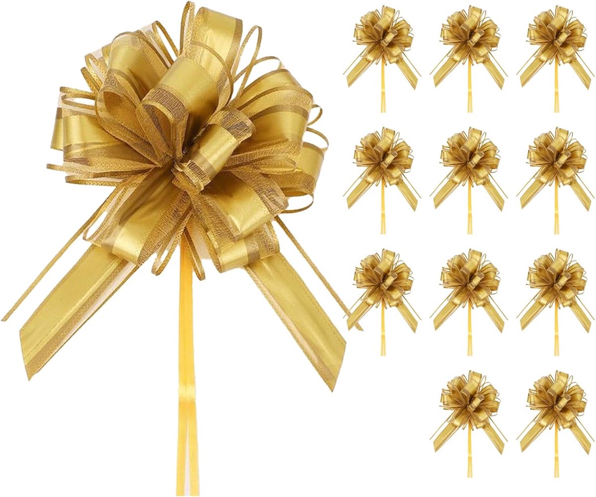 SnelShoppen - 12 Stuks 7 Inch Grote Trek Bogen voor Cadeauverpakking, Gouden Ribbons voor Verpakking, Bruiloft, Kerst, Verjaardag, Valentijnsdag