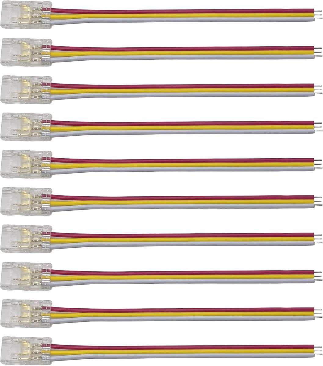 SnelShoppen - 10mm 3Pin LED Strip Connectoren zonder Soldeer, 10 Stuks met 10cm Kabel voor 5V/12V/24V LED Strips, Geschikt voor Twee-Kleurige Verlicht