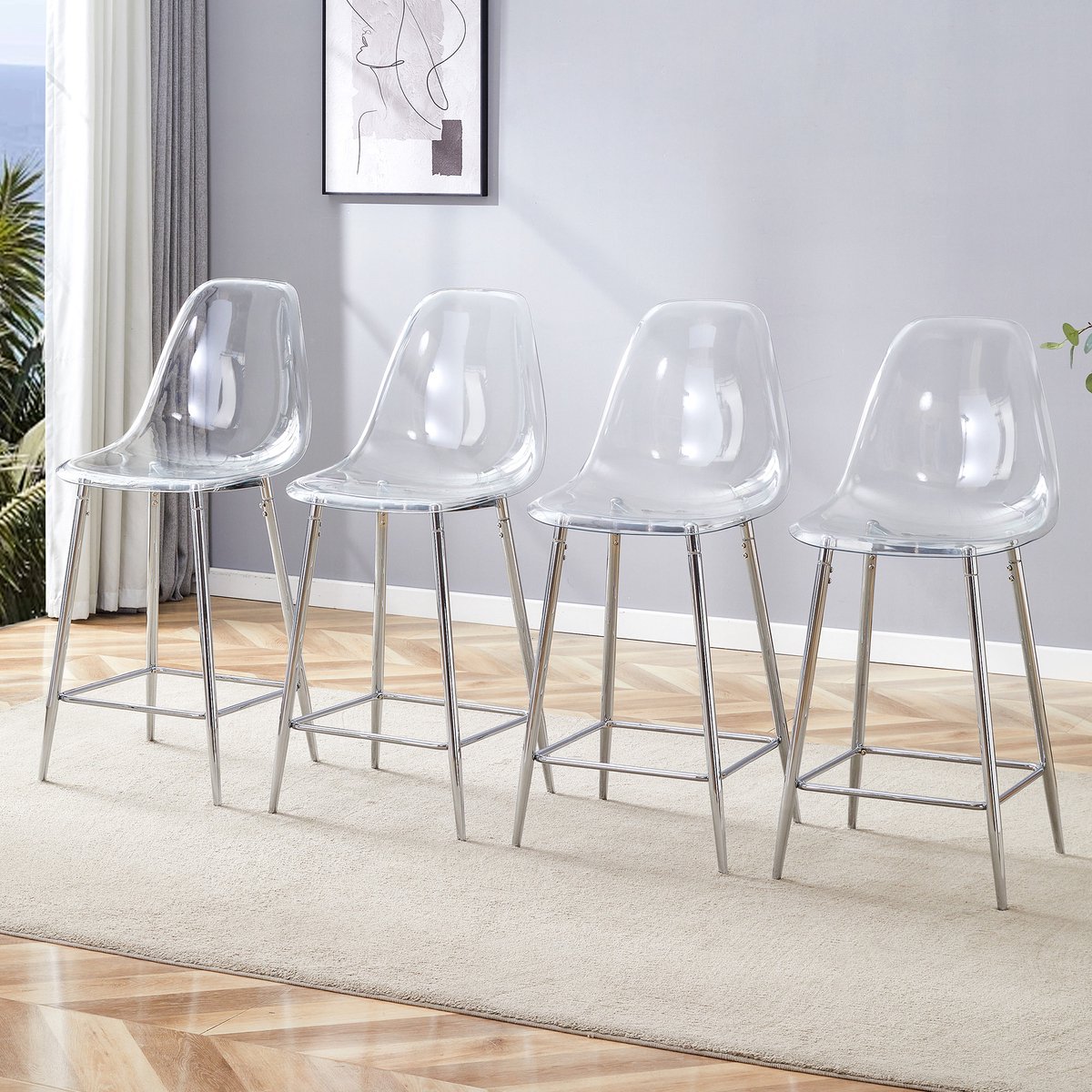 MODENUIT Barkruk 101,6 cm - Set Van 4 Met Rugleuning En Voetsteun - Voor Keuken En Bar - Kunststof Zilver