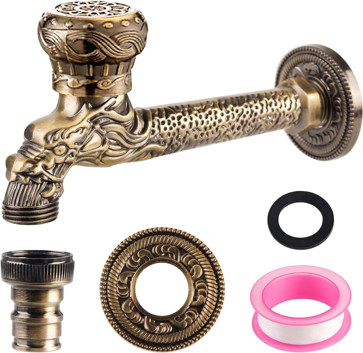 SnelShoppen - Vintage Water Faucet Tuin Kraan Antiek met Loodgieters Tape, 1/2 Inch Antiek Messing Wandtap met Draak Motief, Wandkranen voor Badkamer,