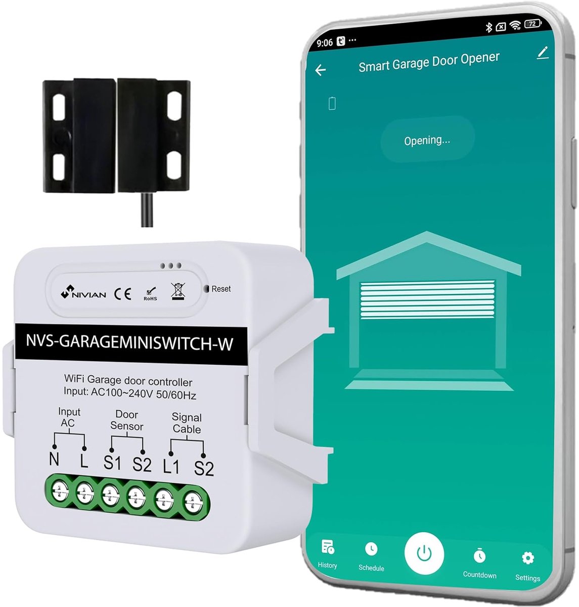 SnelShoppen - WiFi Garage Deuropener met Tuya App, Slimme Controle, Tijdplanning, Timer, Compatibel met Alexa en Google Home