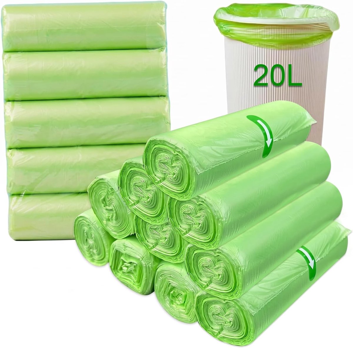 SnelShoppen - 200 stuks Biologische Vuilniszakken 20L, 50x60 cm, Biologisch Afbreekbaar, Scheurvast en Waterdicht voor Keukenafval, Milieuvriendelijke