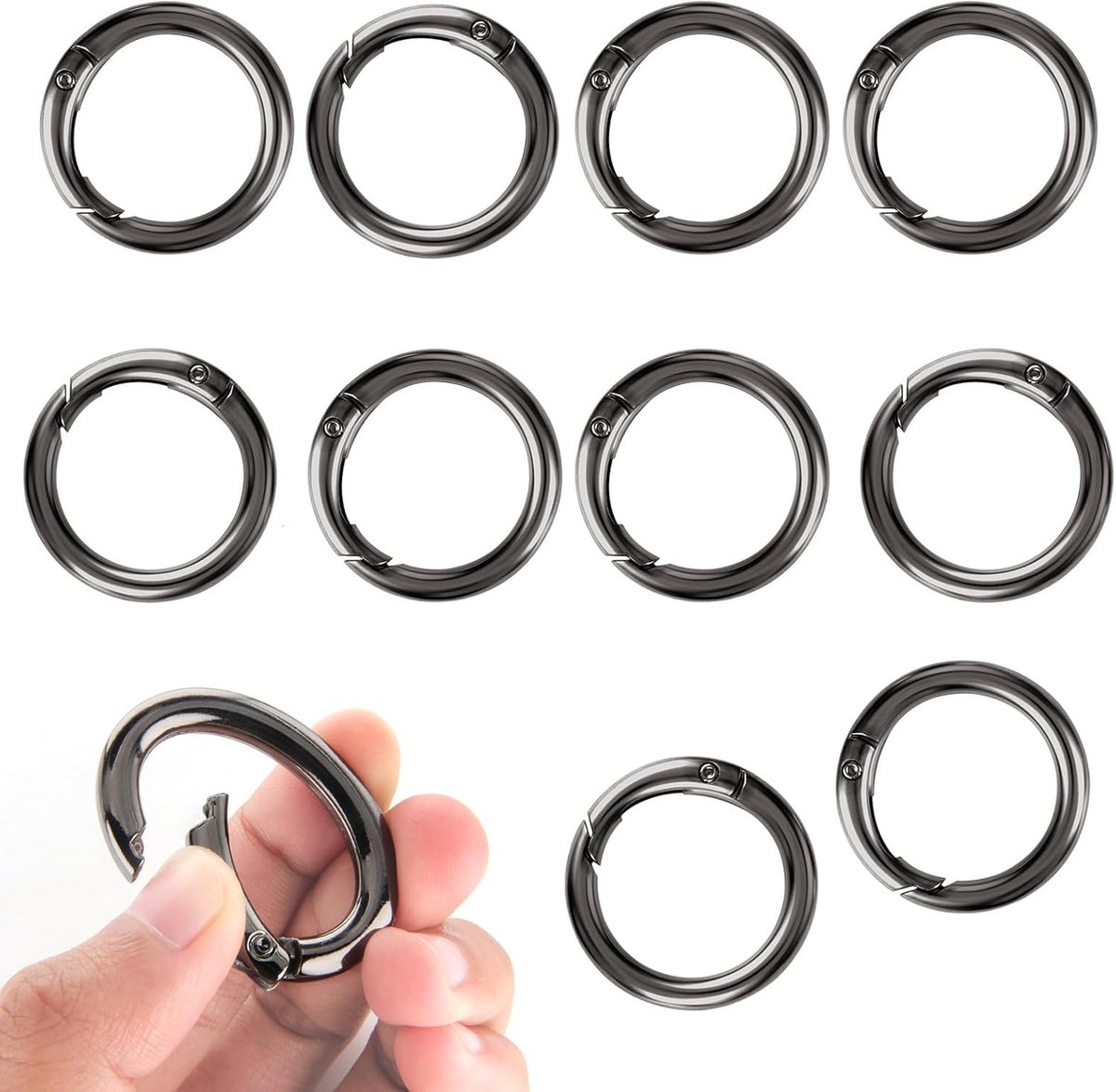 SnelShoppen - Pack van 10 Mini Carabiner Hooks, Ronde Haak, Sleutelhanger, RVS, 33 mm, Zwart, Ideaal voor Sleutels, Tassen, DIY Accessoires