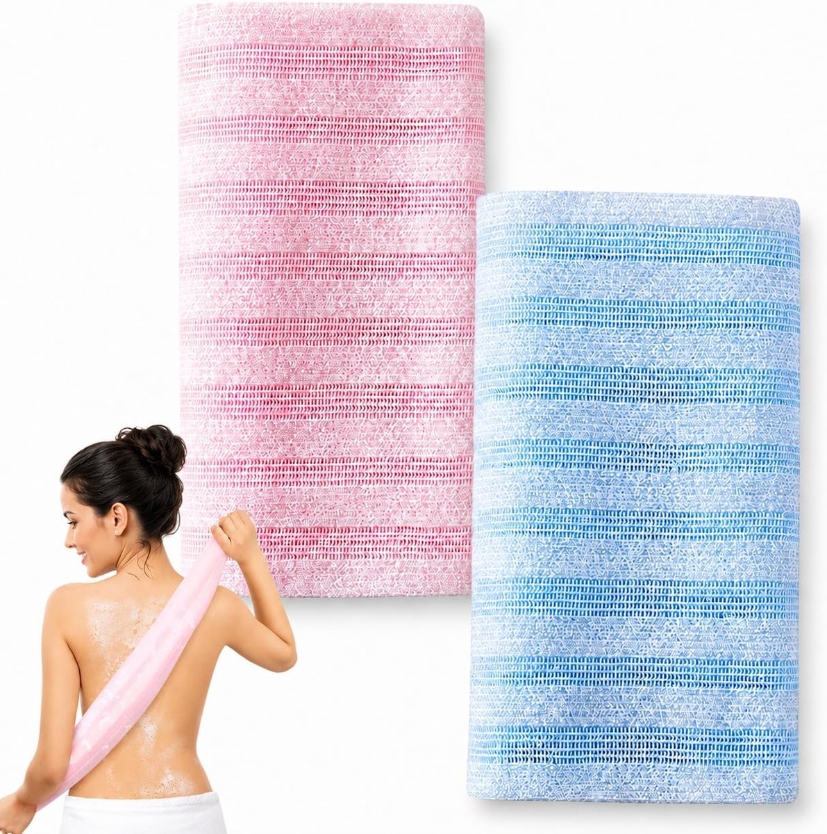 SnelShoppen - 2 Stuks Japanse Peeling Handdoek, Extra Lange Lichaams Scrub Exfoliërende Handdoek voor Vrouwen en Mannen, Blauw & Roze, Voor Lichaamsre