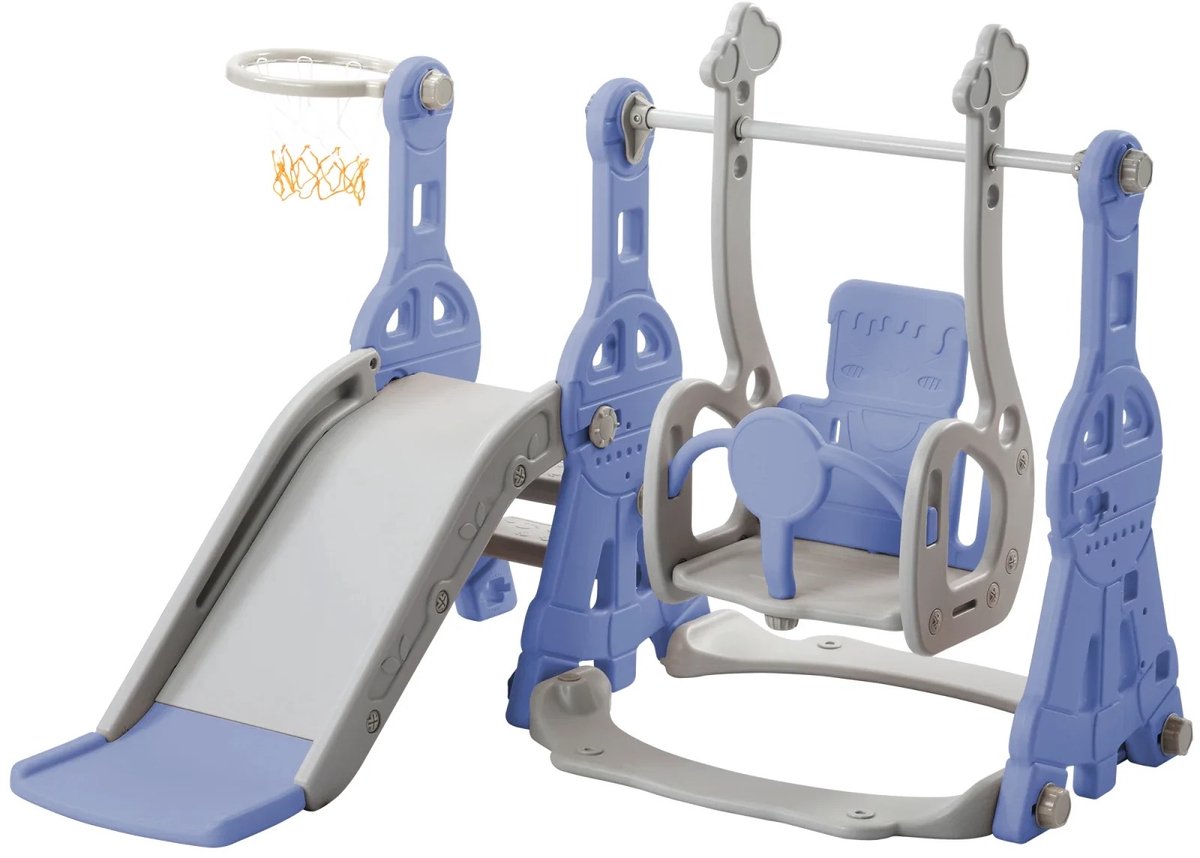 DayeLabel 4-in-1 Glijbaan voor kinderen - met Schommel en Basketbalring- Klimspeelhuisje - Antislip - Binnen en Buiten - Blauw