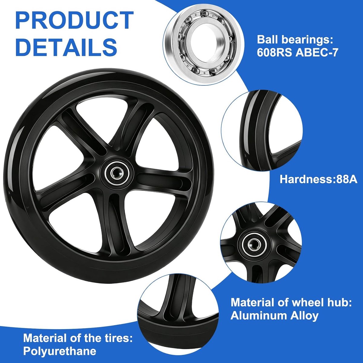 Thijox - 2 stuks 200 mm Scooterwielen met ABEC-9-lagers, Antislip PU Wielen, Hardheid 88A, Stuntstep Reservewielen voor Citystep en Kickscooter, Zwart