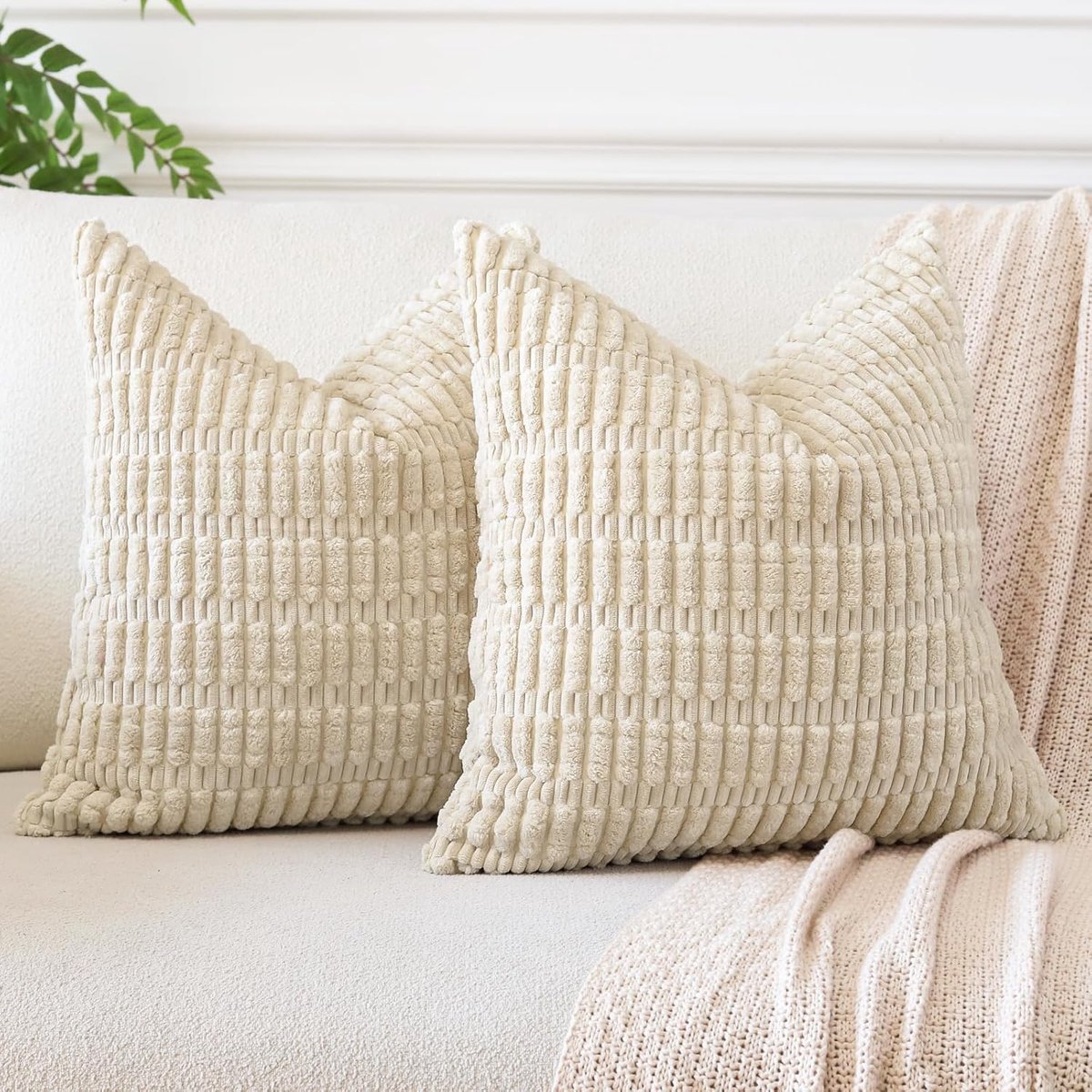 SnelShoppen - Decoratieve Kussenhoezen 50x50cm, Corduroy Streep Boho Stijl, Set van 2, Beige, Perfect voor Sofa en Woonkamer
