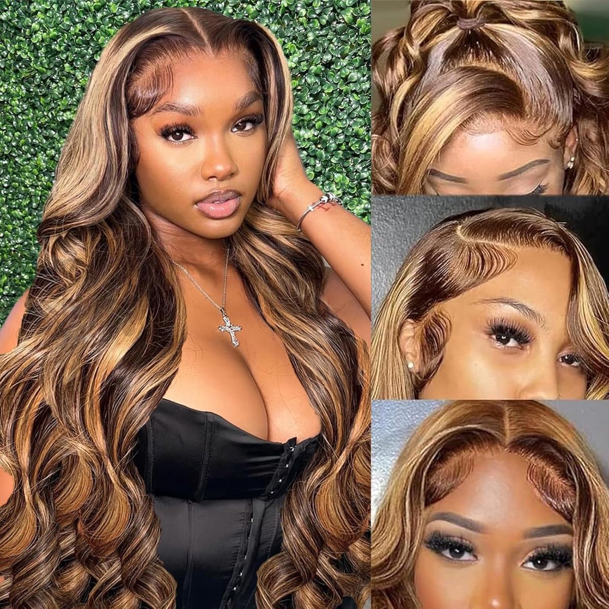 SnelShoppen - 46 cm Ombre Highlight Wig voor Vrouwen - Natuurlijke Braziliaanse Body Wave Haar - 13 x 4 HD Lace Front Wig - P4/27 Ombre - Glueless Rea
